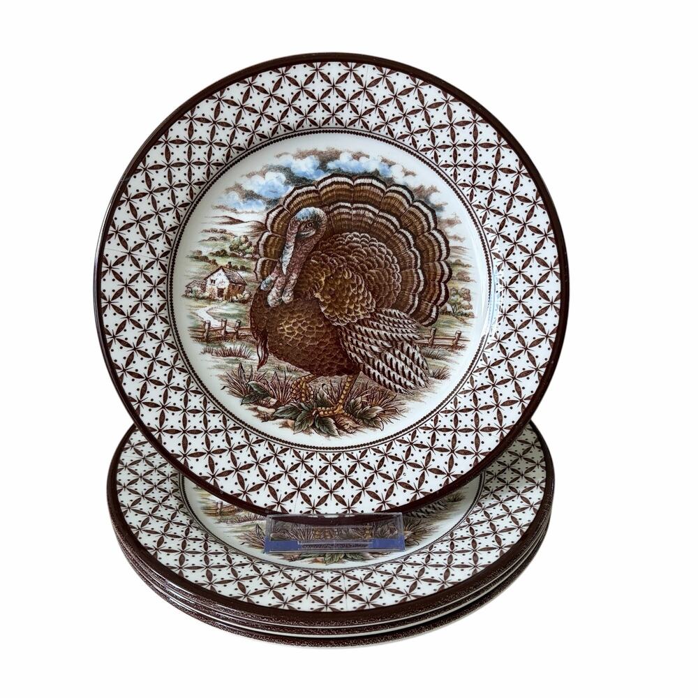 4 Royal Stafford Thanksgiving TURKEY Porcelain Salad Plates 8in England NEW